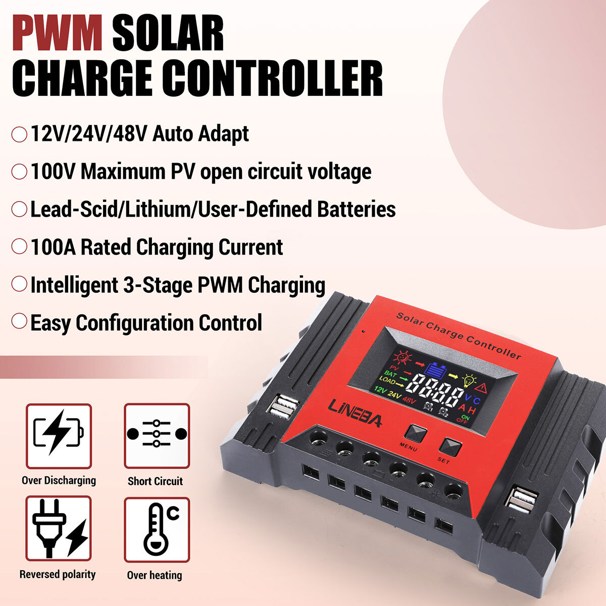 PWM 12V/24V/48V Solar Charge Controller with LCD Display LifePO4 Auto Regulator