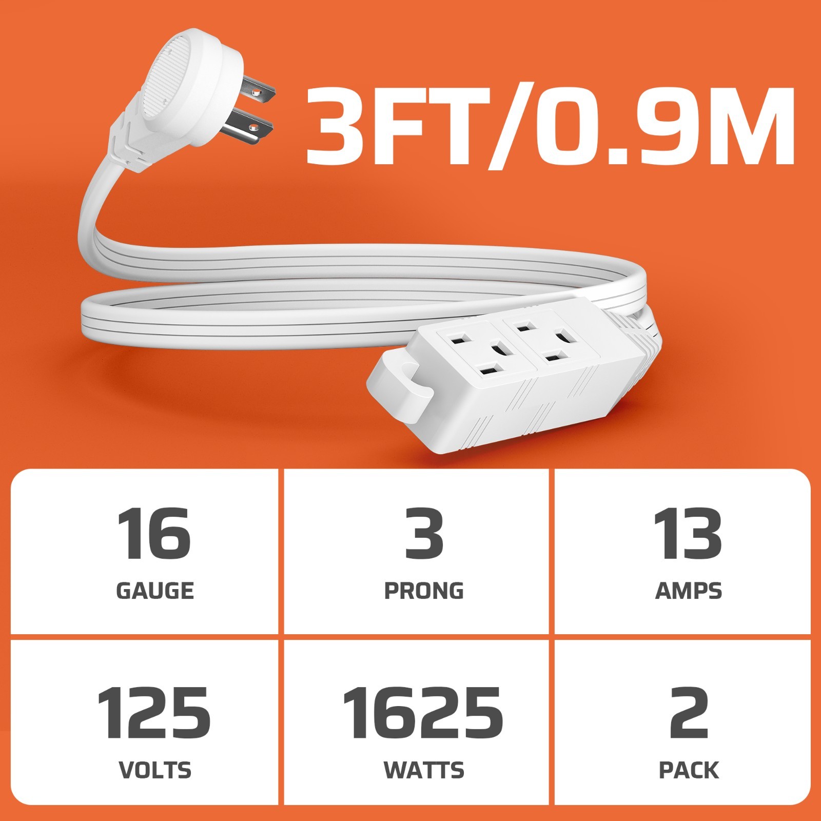 DEWENWILS 2 Pack 3 Outlet Extension Cord with Flat Plug, 3FT 16/3 Awg SPT-3 Cord