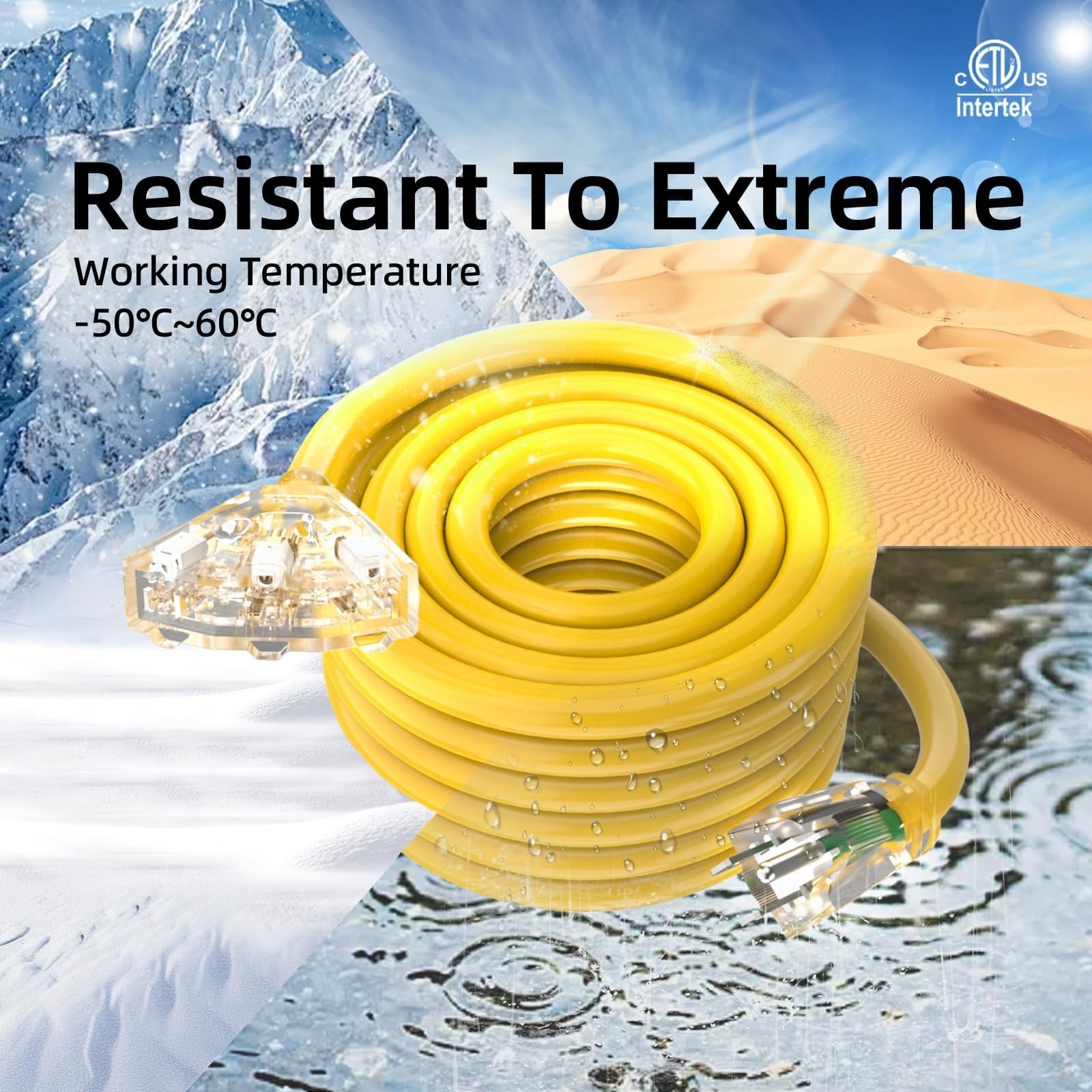 12FT Heavy Duty Outdoor Extension Cord, 3 Outlet Splitter, Waterproof, 15A 1875W