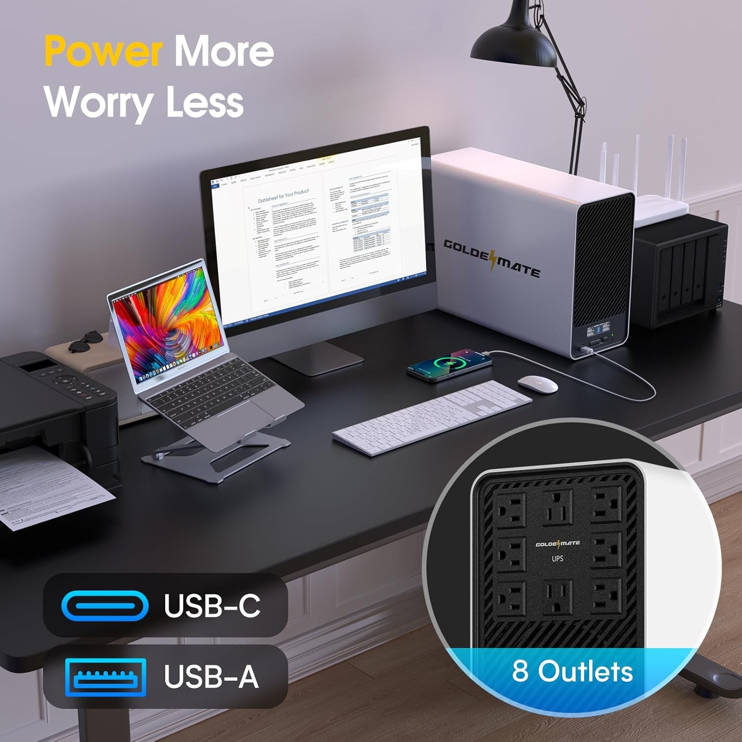 Goldenmate 1500VA 1000W UPS Pure Sine Wave LiFePO4 Battery Backup Power