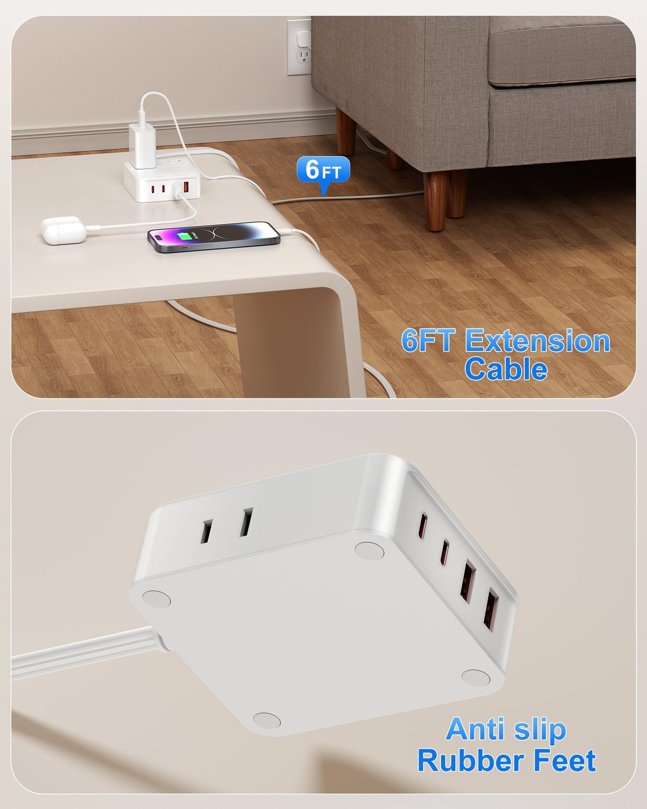 Flat Plug Power Strip with USB Ports – 4 AC & 4 USB Ports (20W), 6Ft Extensio…