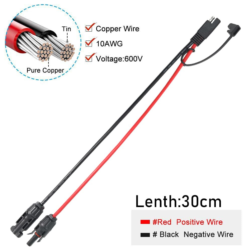 2Pcs 1FT 10AWG Solar Panel Connector Cable, SAE to MC-4 Male Female Adapter PV E