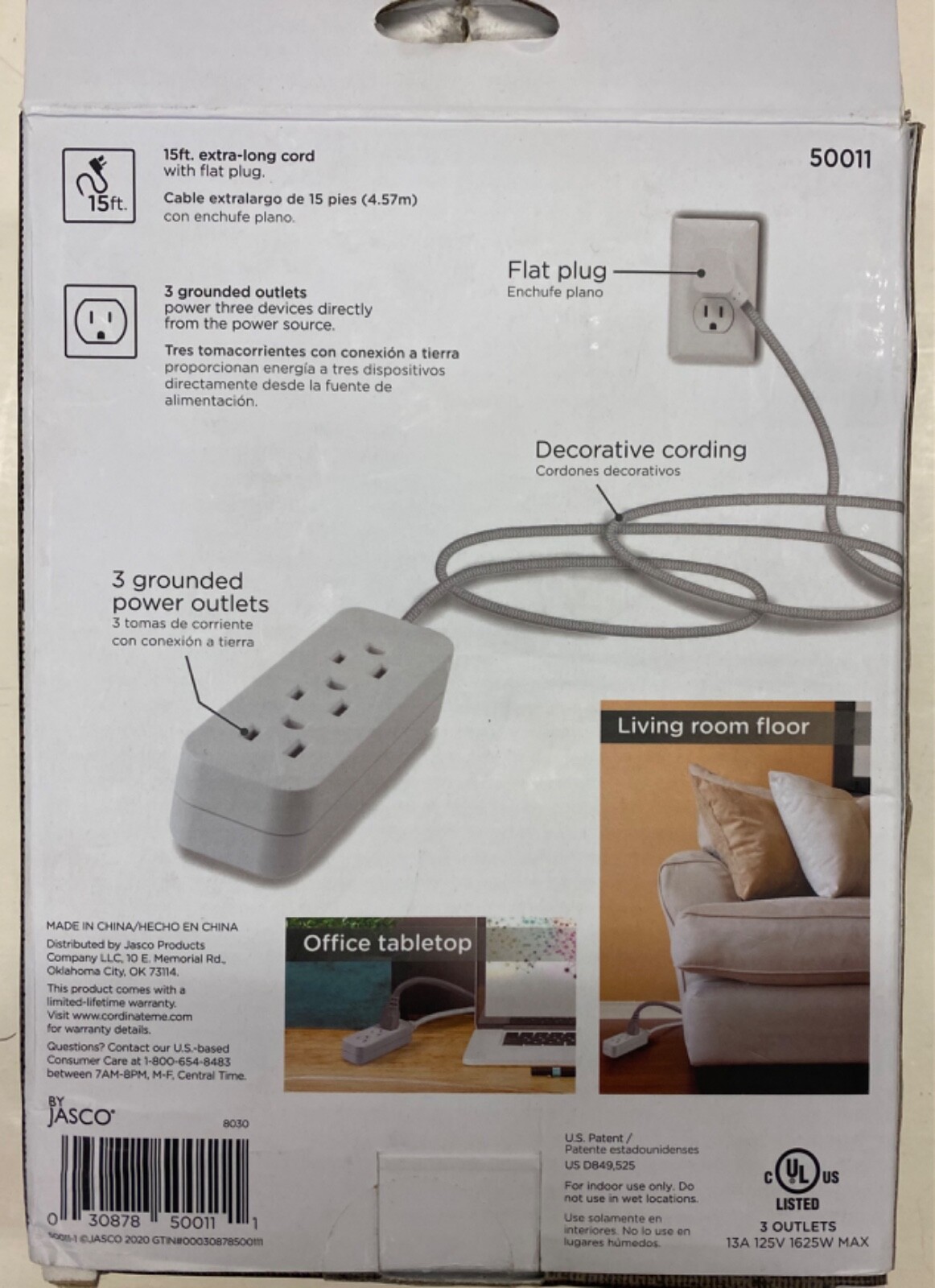 Jasco Decor Cordinate 3-Outlet Extension, Braided Fabric Cord, 15 ft (50011)