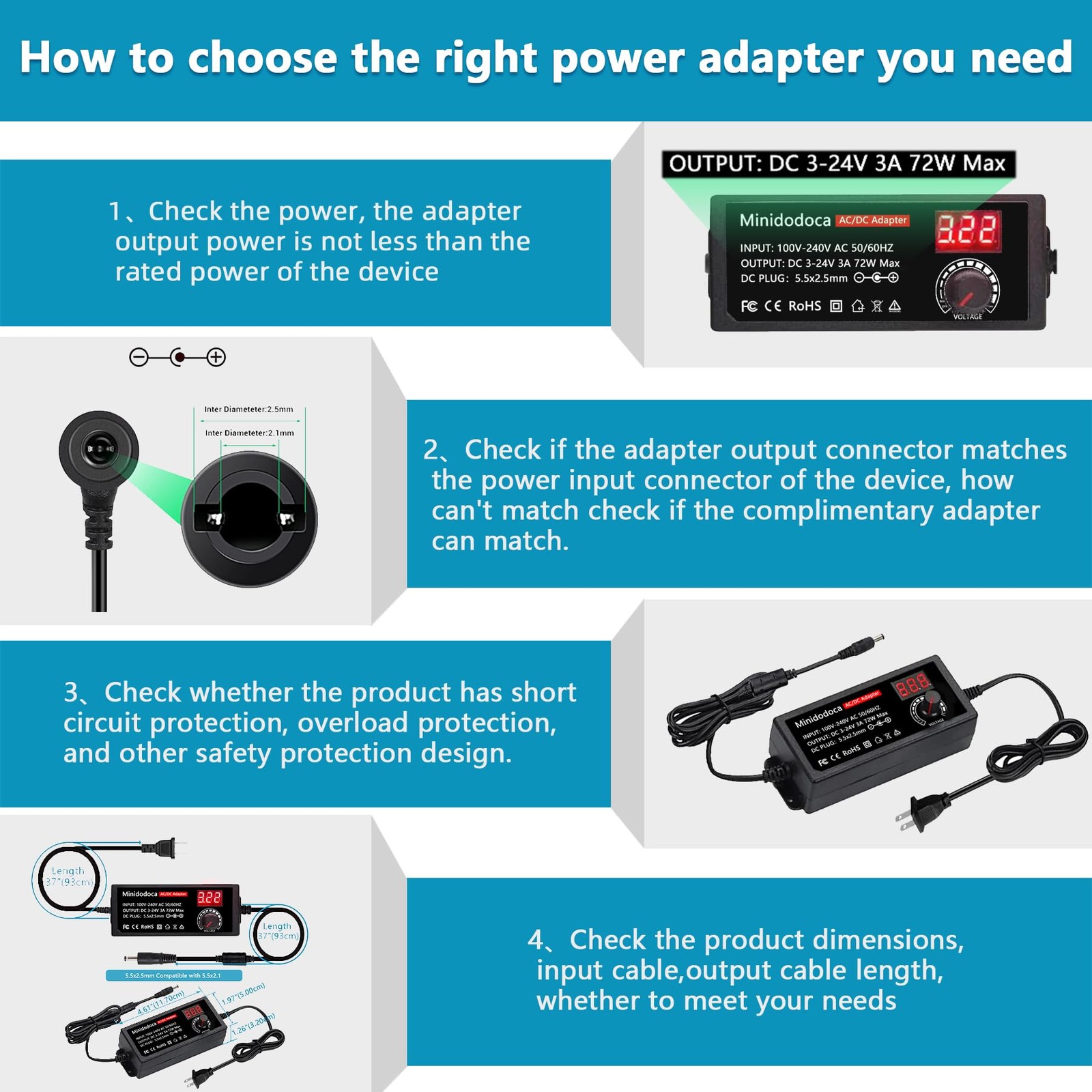 72W Power Supply Adjustable 3V ~ 24V Variable 3~24V 3A Adapter