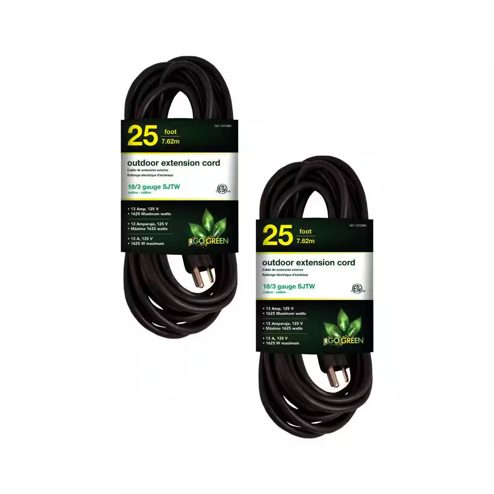 Gogreen Power (G-13725BK-2) 25 Ft. 16/3 Indoor Heavy Duty Extension Cord, Black,