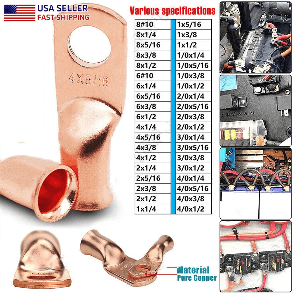 8-4/0 AWG Cable Wire Lugs Battery Welding Connectors Copper Ends Ring Terminals