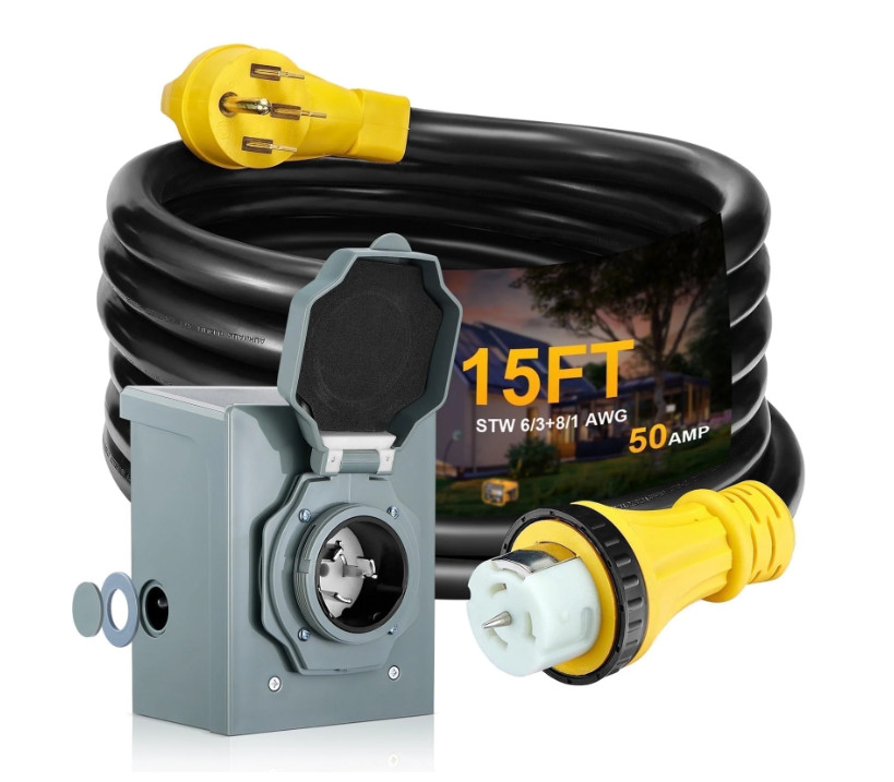 15 FT 50 Amp RV Extension Cord with Generator Inlet Box ETL Listed
