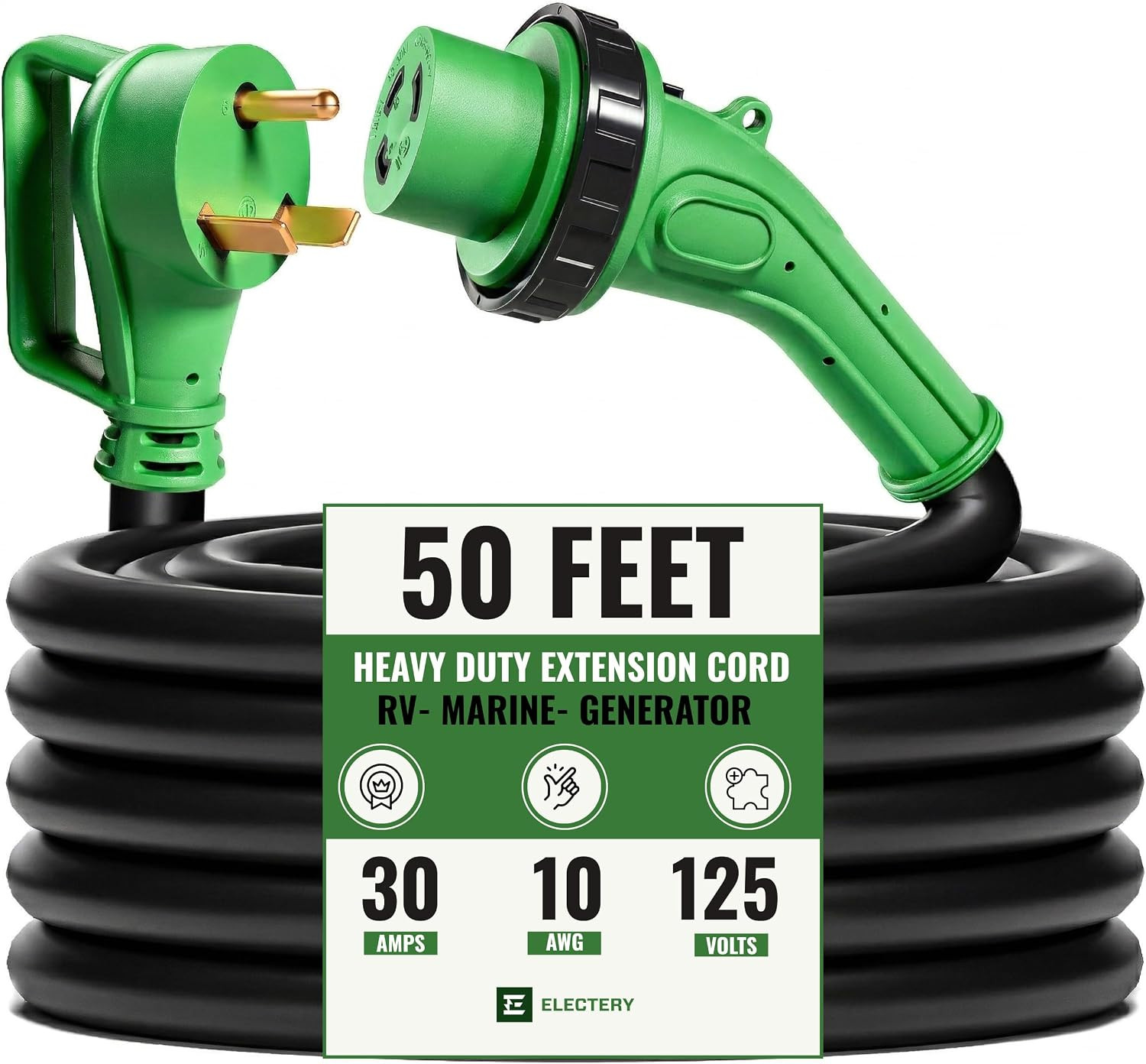 30 Amp Generator Extension Cord 50 FT, TT-30P to L5-30R Twist Lock, LED Power In