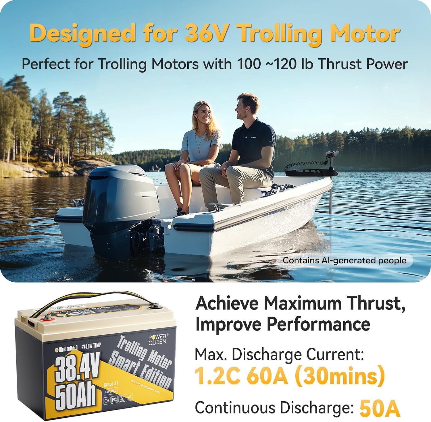 Power Queen 36V 50Ah Bluetooth LiFePO4 Battery Lithium for Marine Trolling Motor