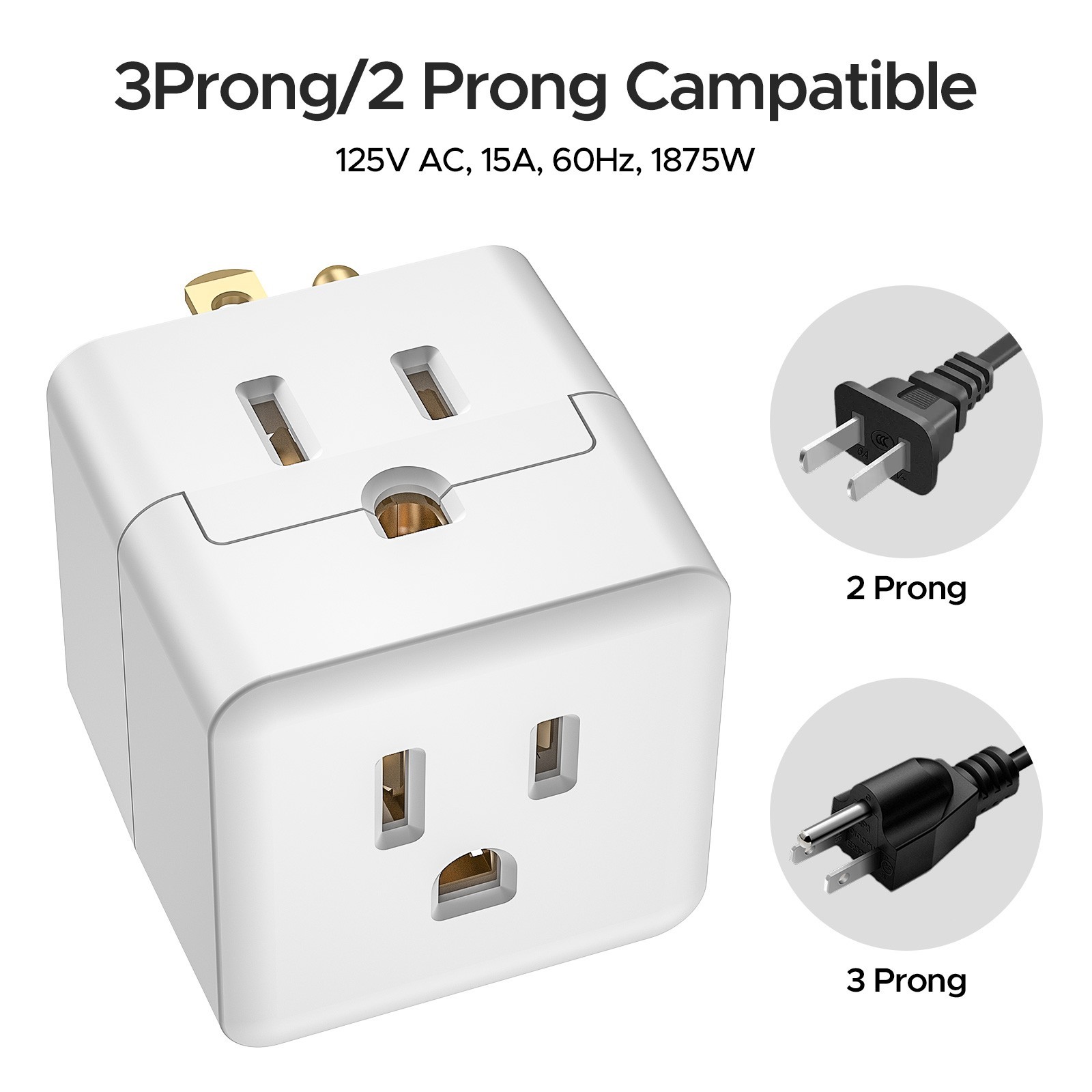 [ETL Listed] 3 Outlet Extender Indoor Grounded AC Power Wall Tap Adapter Plug