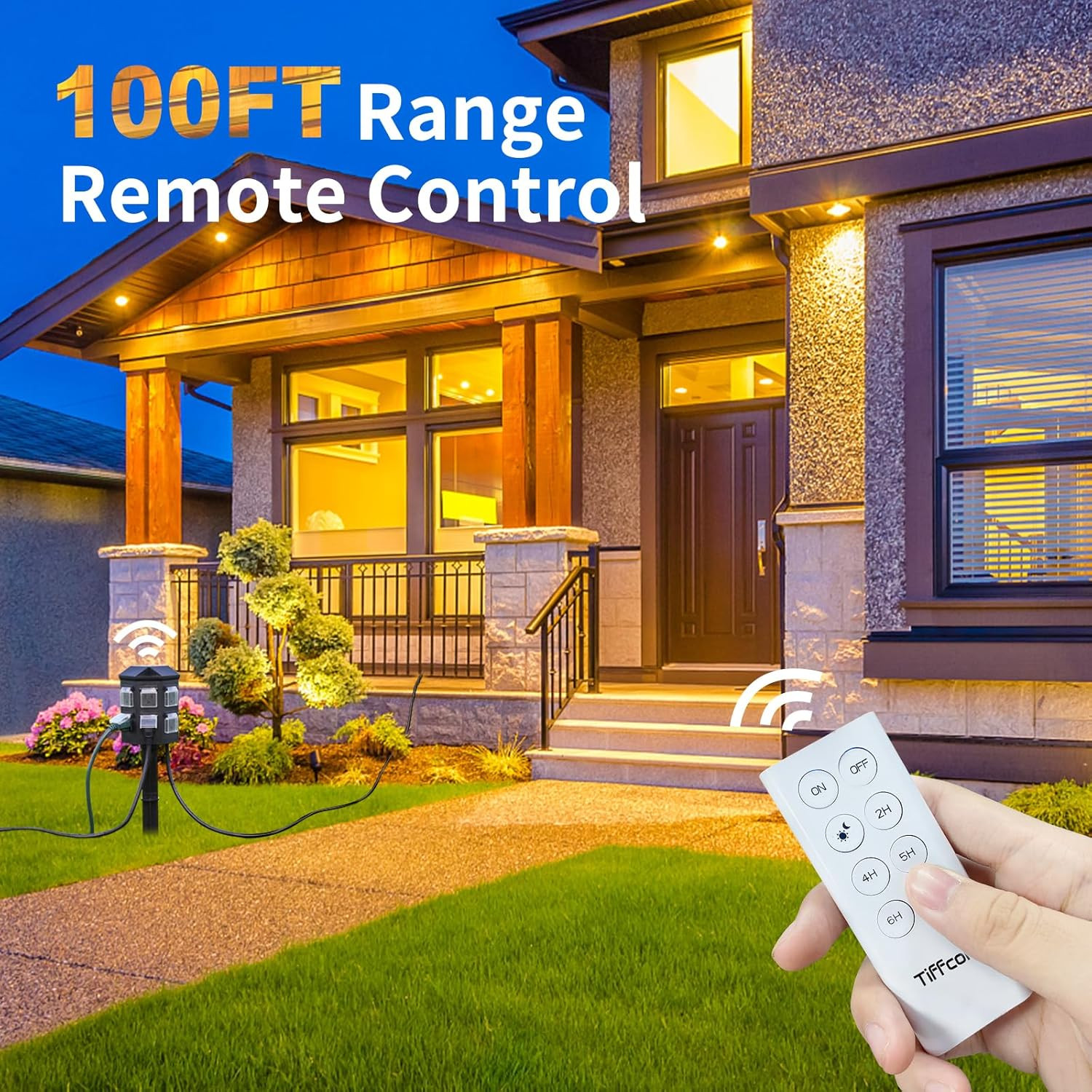 Outdoor Power Strip with 100FT Extension Cord, 100FT Remote Control, Dusk to Daw