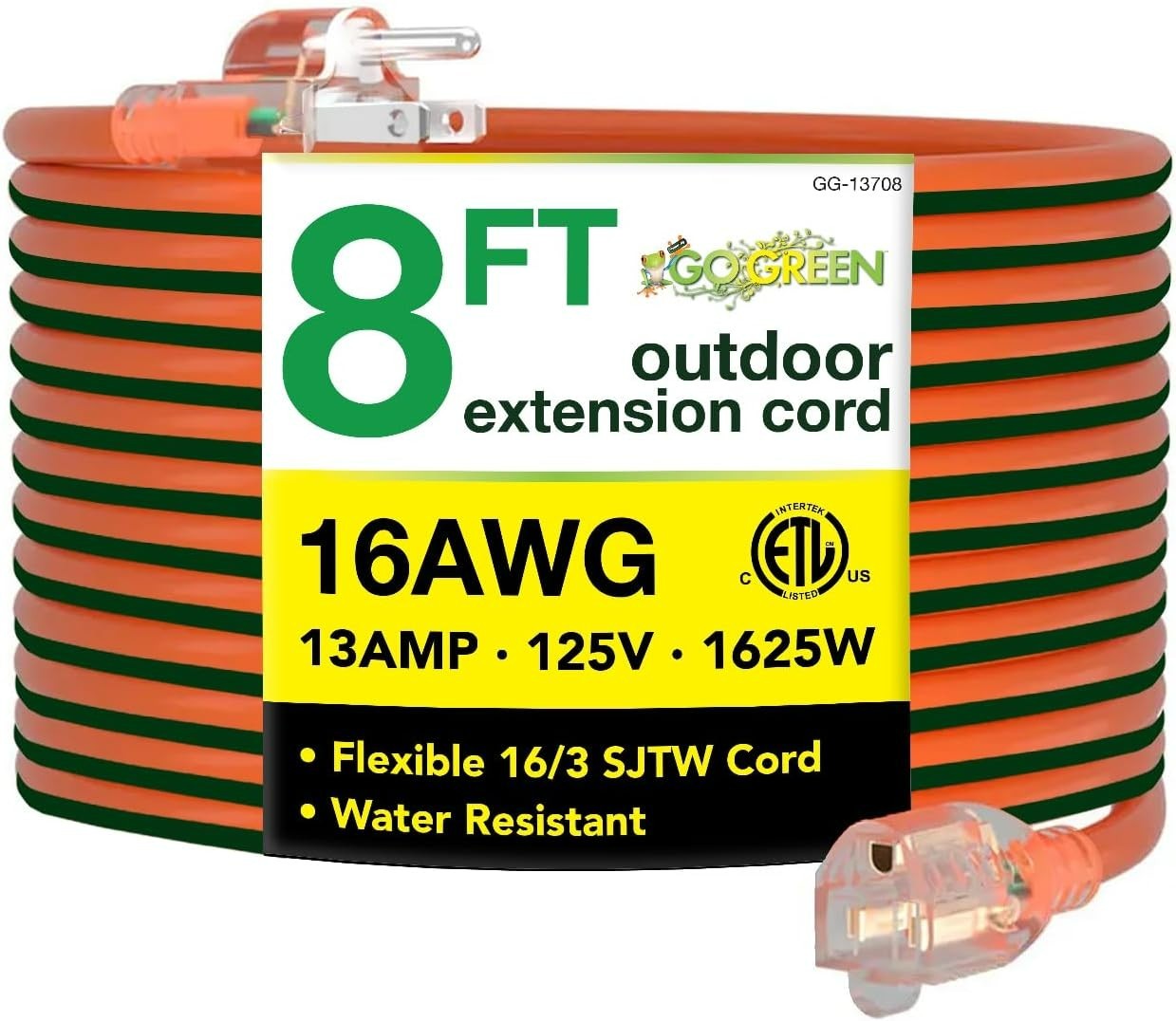 Go Green Power 8ft Extension Cord – Abrasion Resistant, Eco-Friendly Design