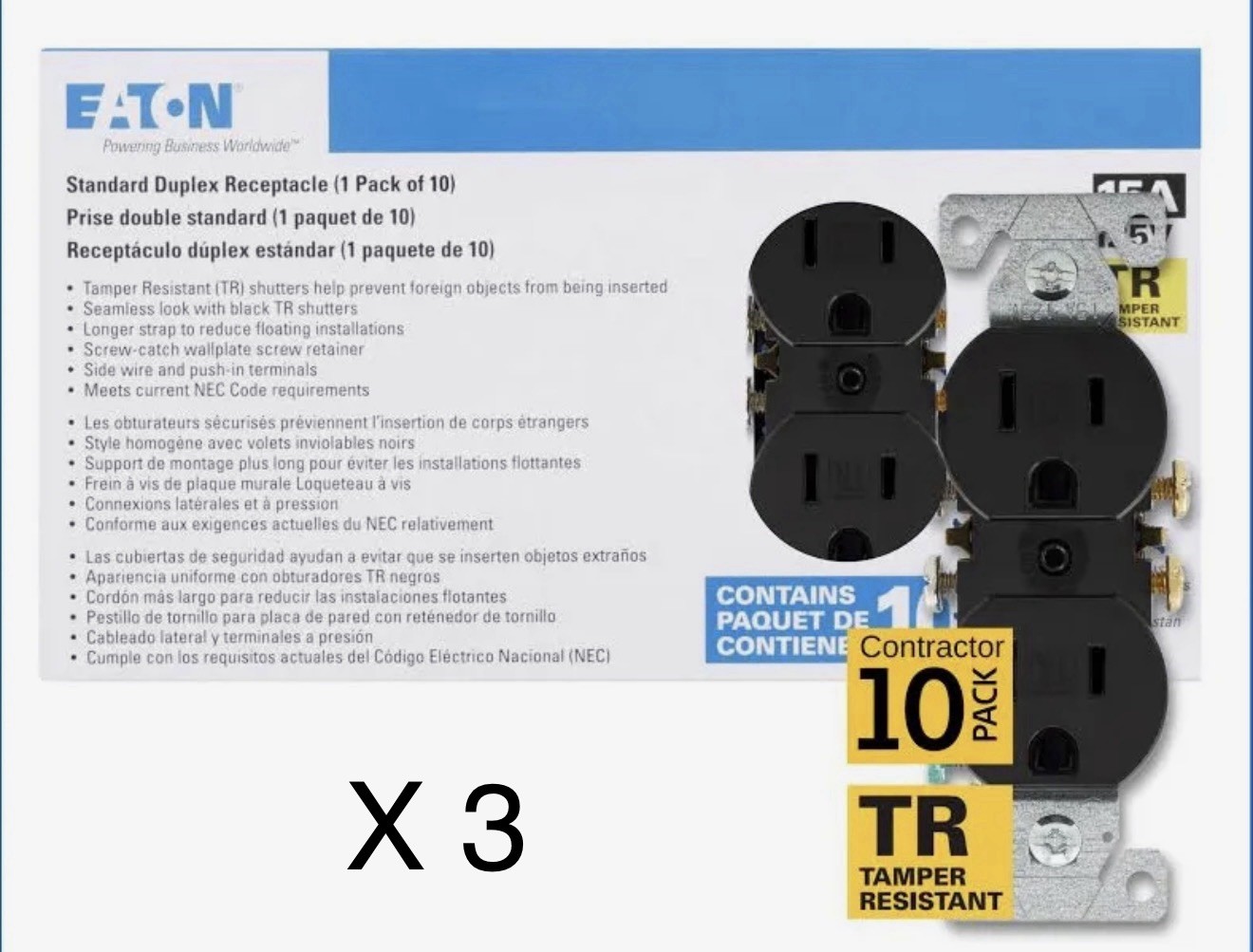 Eaton TR270BK (QTY 30) 15A 125V Tamper Resistant Black Duplex Receptacles