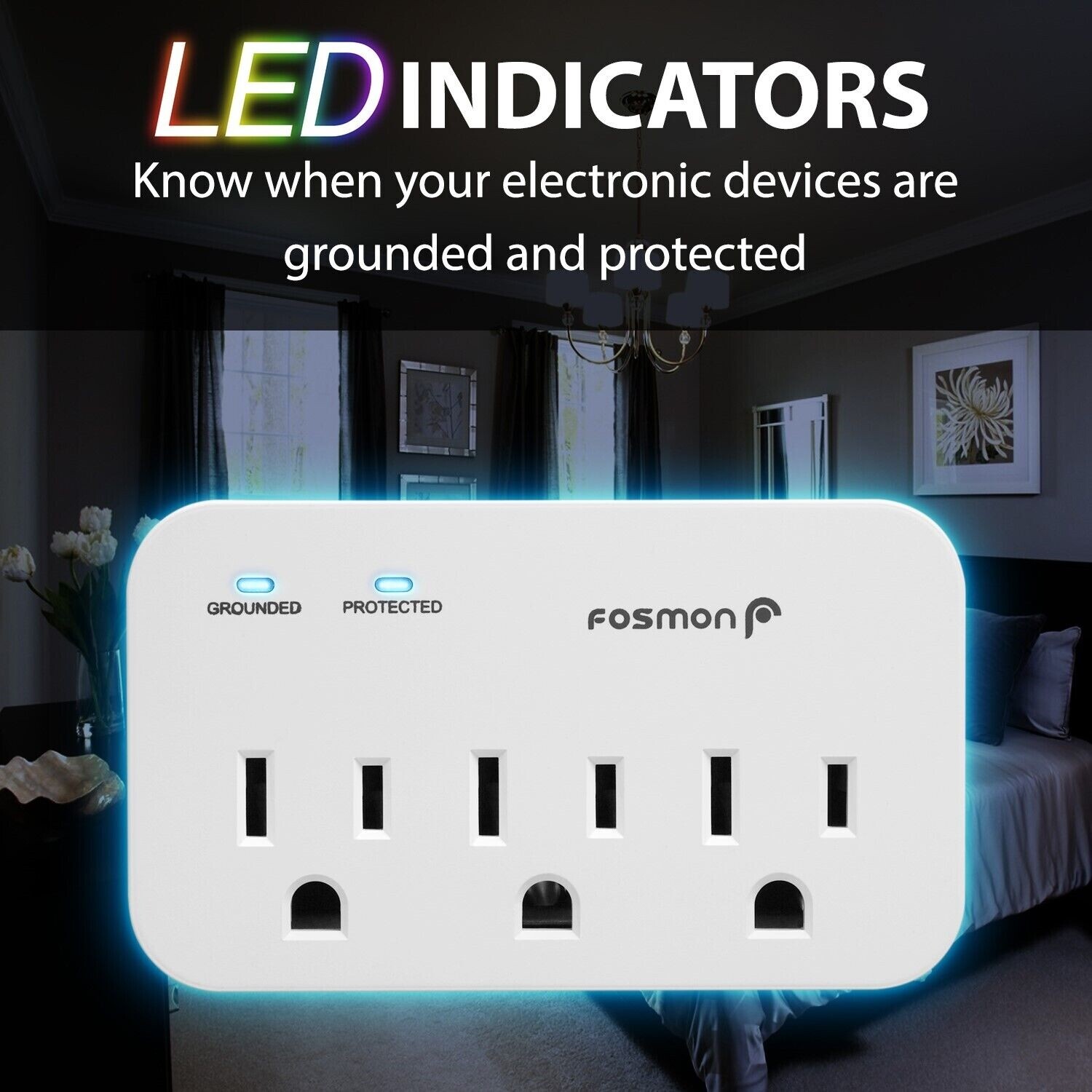 Fosmon [ETL Listed] 3-Outlet Wall Mount Surge Protector 1200J w/Ground Indicator