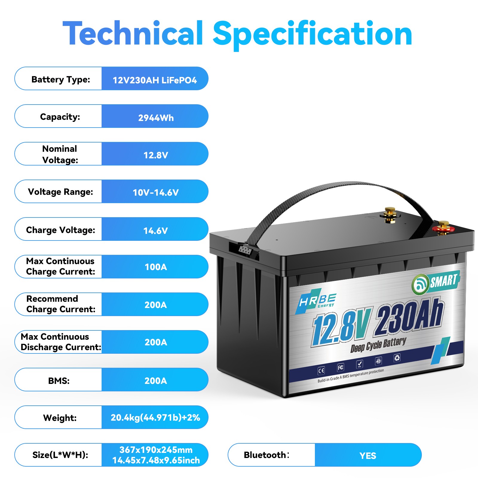 12V 230Ah Bluetooth Low Temp LiFePO4 Lithium Battery 3840WH For RV Marine Solar