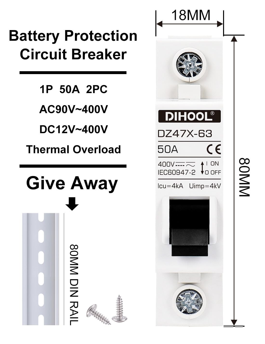 Dihool Ac/Dc Miniature Circuit Breakers 2 Pack Single Pole 50 Amp 12V 24V 48V