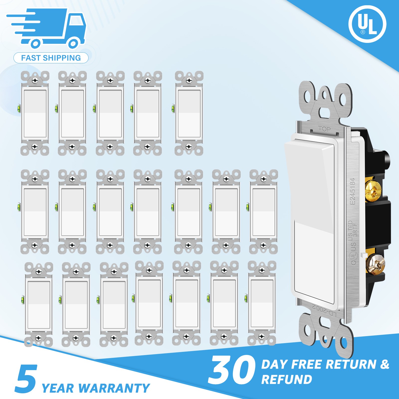 20Pack 15Amp Three Way On/Off Rocker Switch,20/277V, UL/CUL, White,3 Way Switch
