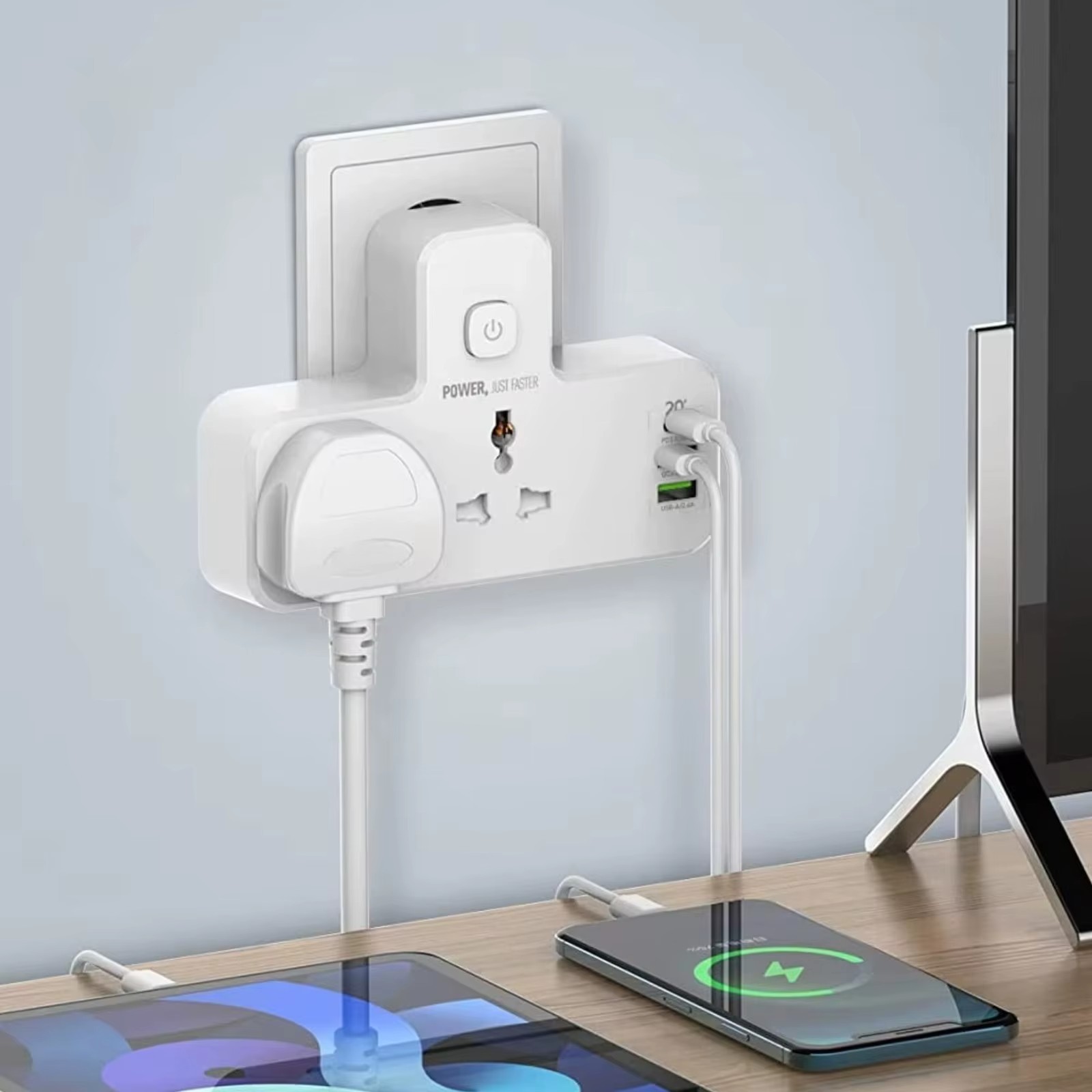 2500W 100-250V Power Extension Strip with 3 USB Ports LED Light 2 Power Outlets