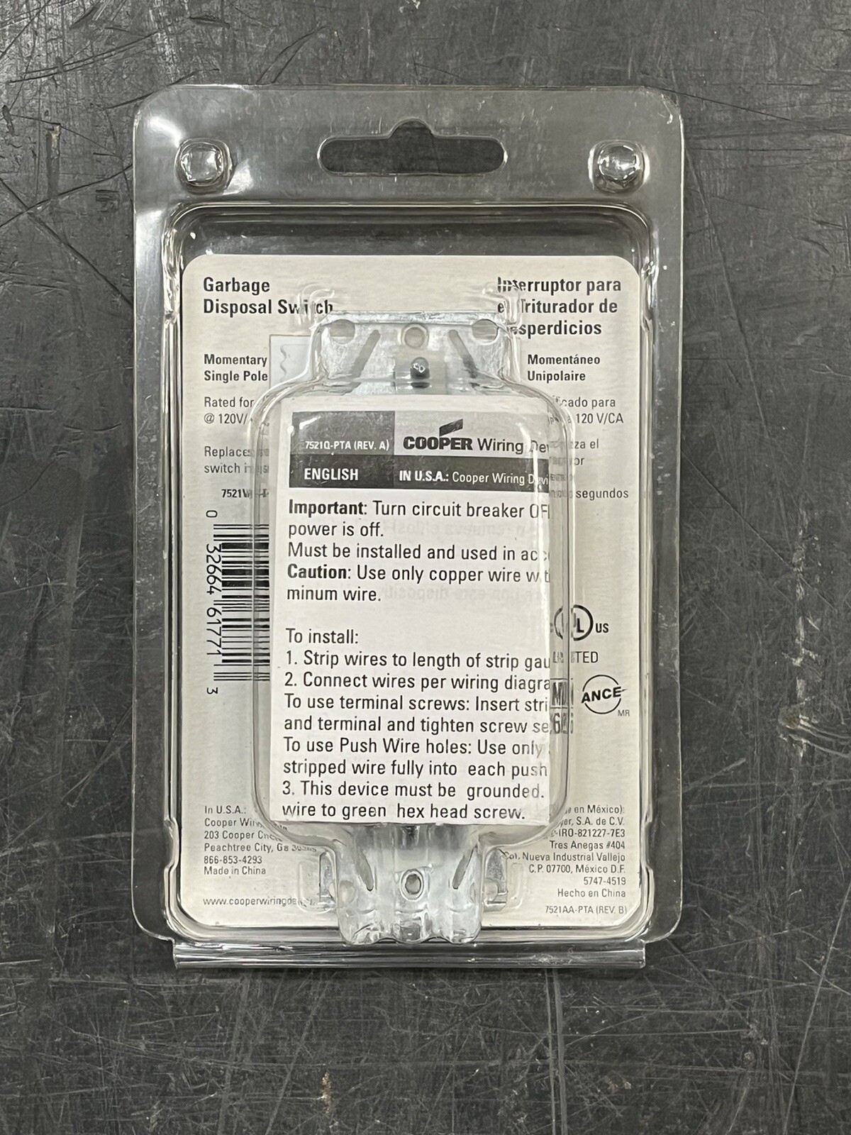 Cooper Wiring Devices 7521W-K-L White Automatic Off Garbage Disposal Switch 120V