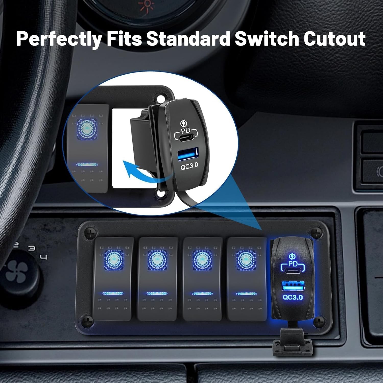 Anina USB Rocker Switch 18W QC3.0 USB 30W PD Outlet Waterproof 12V 24V Dual Port