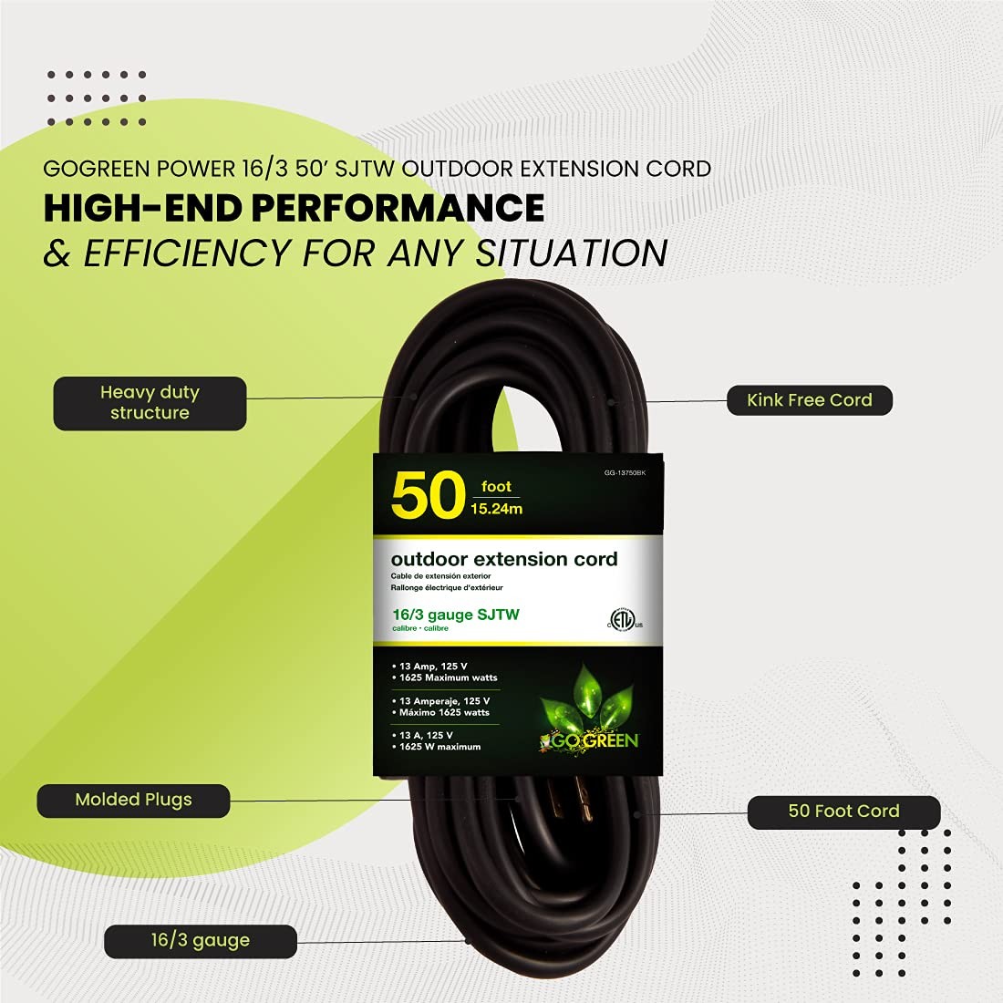Power By GoGreen Go Green Power Inc. 16/3 50ft Black Outdoor Extension Cord -…