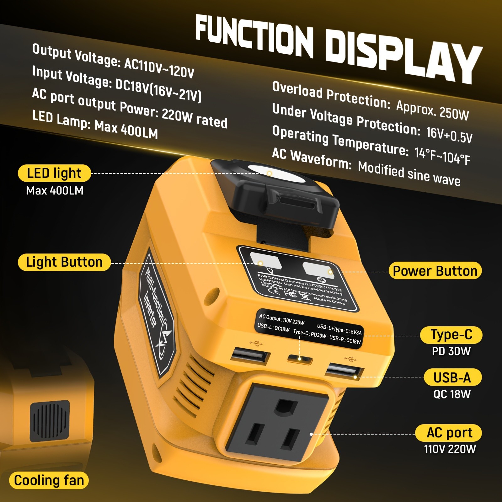 DC 20V to AC 110V Power Inverter Compatible with Dewalt 20V Battery 220W Output