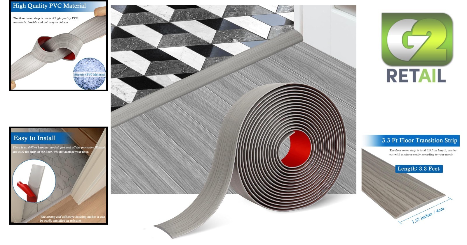 Durable Vinyl Flooring Transition Strip – Easy Install, 3.3Ft, Gray Wood Finish