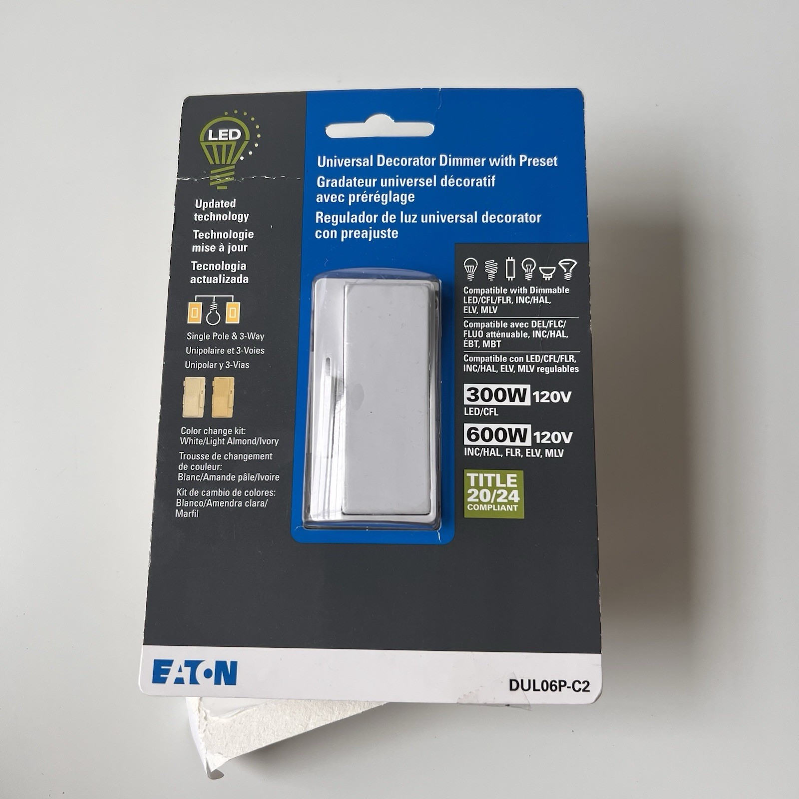 Eaton Universal Decorator Dimmer Switch DUL06P-C2 Single Pole 3-Way LED CFL INC