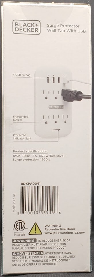 BLACK+DECKER White 6 Grounded Outlets Surge Protector with 4 USB Charging Ports