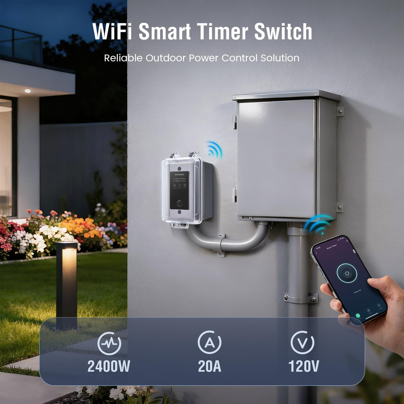 SURAIELEC 20A Heavy-Duty Outdoor WiFi Smart Timer Switch App/Voice Control