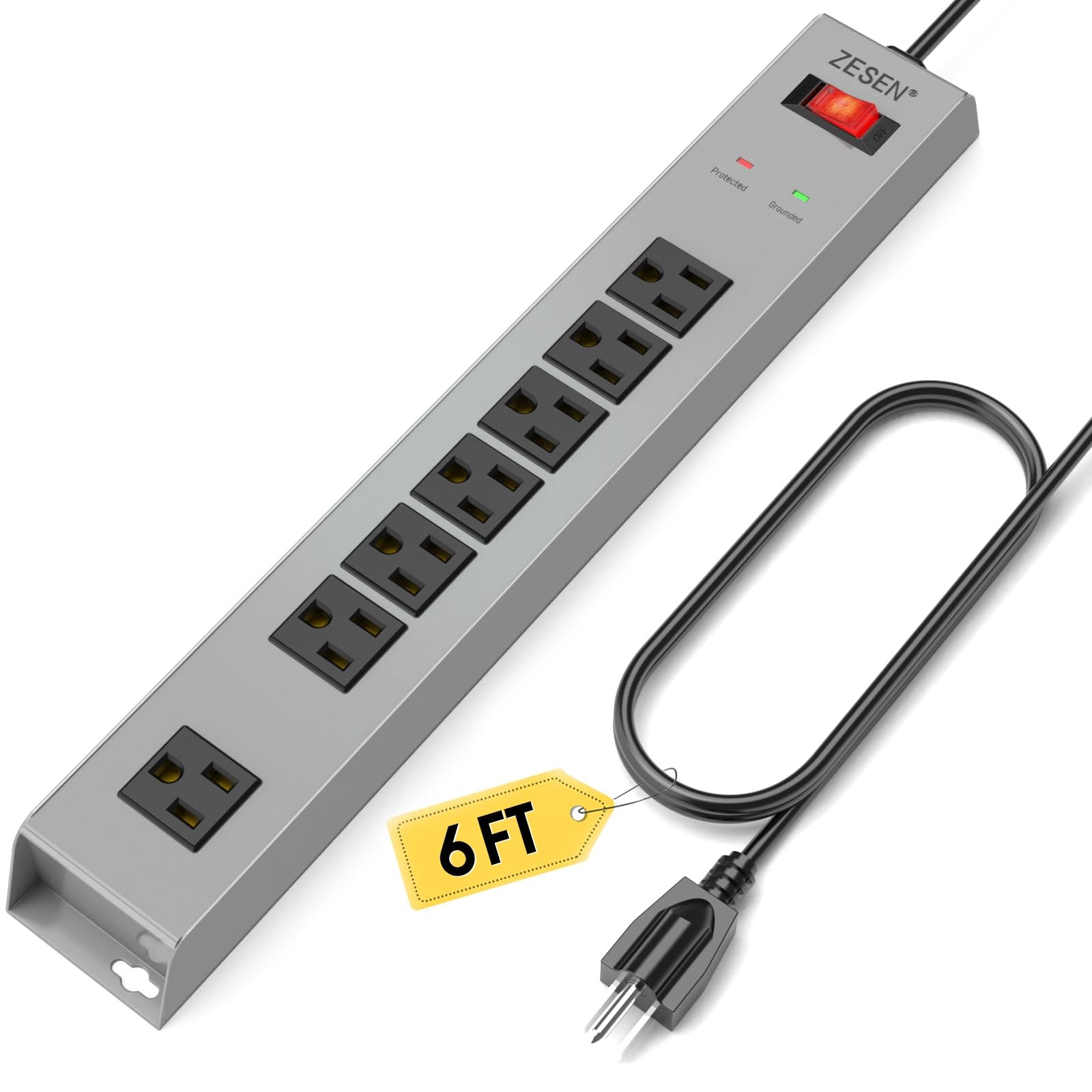 Grey 7 Outlet Metal Power Strip Overload Protection 6ft Cord Wall Mount 15A