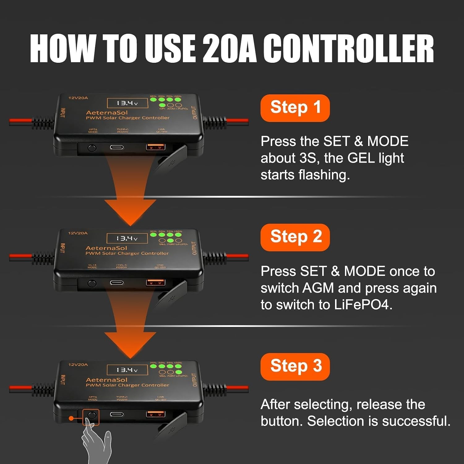 Compact PWM Solar Charge Controller 12V 20A with Type-C Output for Off-Grid