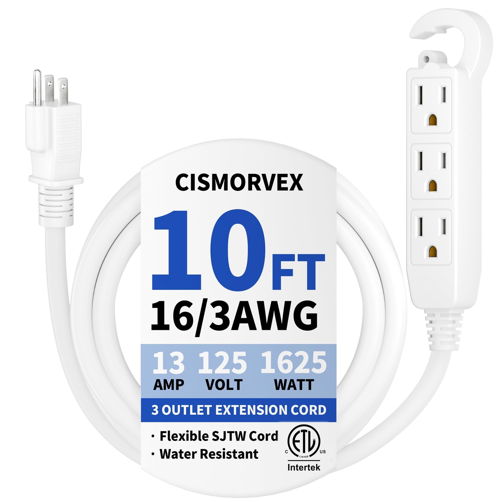 10 Ft 3 Outlet White Extension Cord, Grounded Extension Cord With Multiple