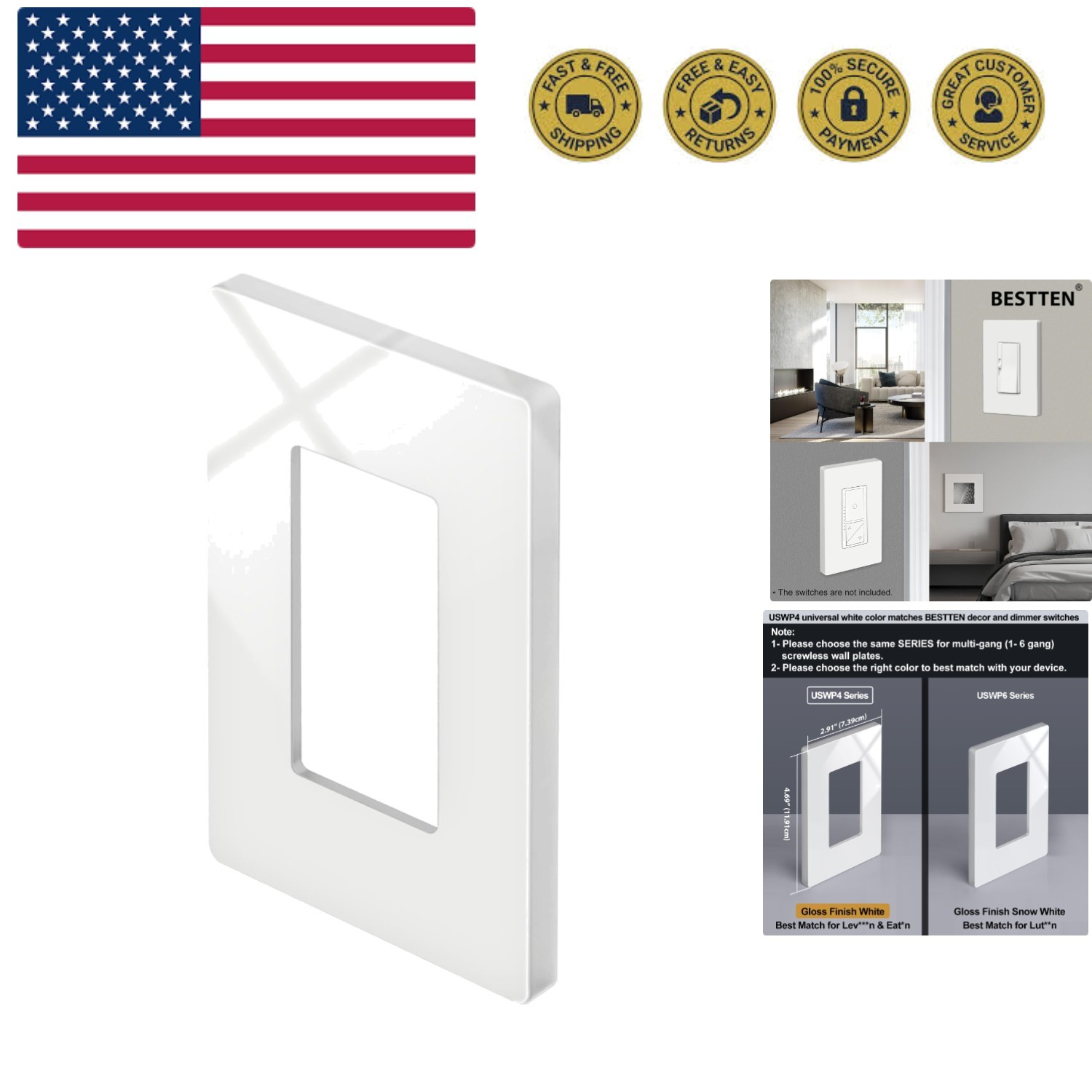 1 Pack 1 Gang Screwless Decorative Wall Plate, USWP4 Glossy Off White, Decora…