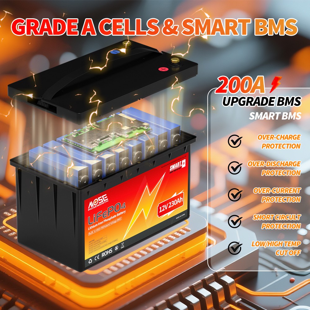 Bluetooth 12V 230Ah LiFePO4 Lithium Battery 200A BMS RV Marine Solar Low Temp