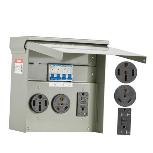 Temporary Power Outlet Panel, Weatherproof RV Electrical Breaker 50+30+20 Amp