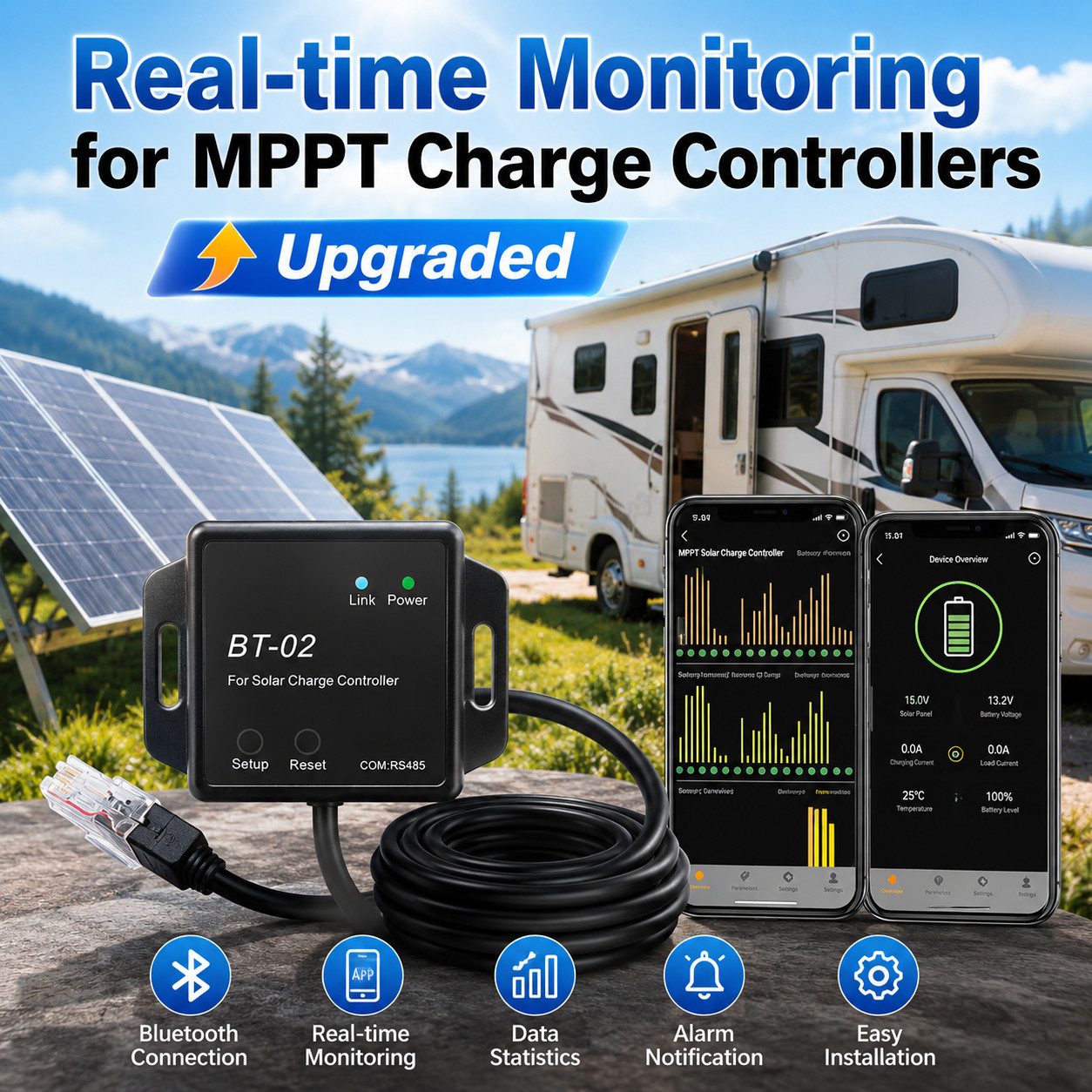 BT-2 Smart Solar Monitor Wireless Control for MPPT Controllers, Lithium Battery