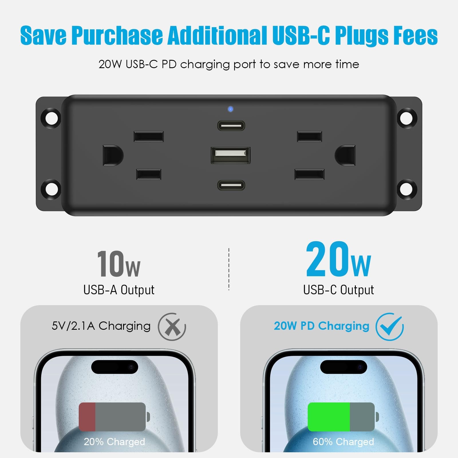 Black Wall Mount Power Strip with USB Ports Under Desk 6 Ft