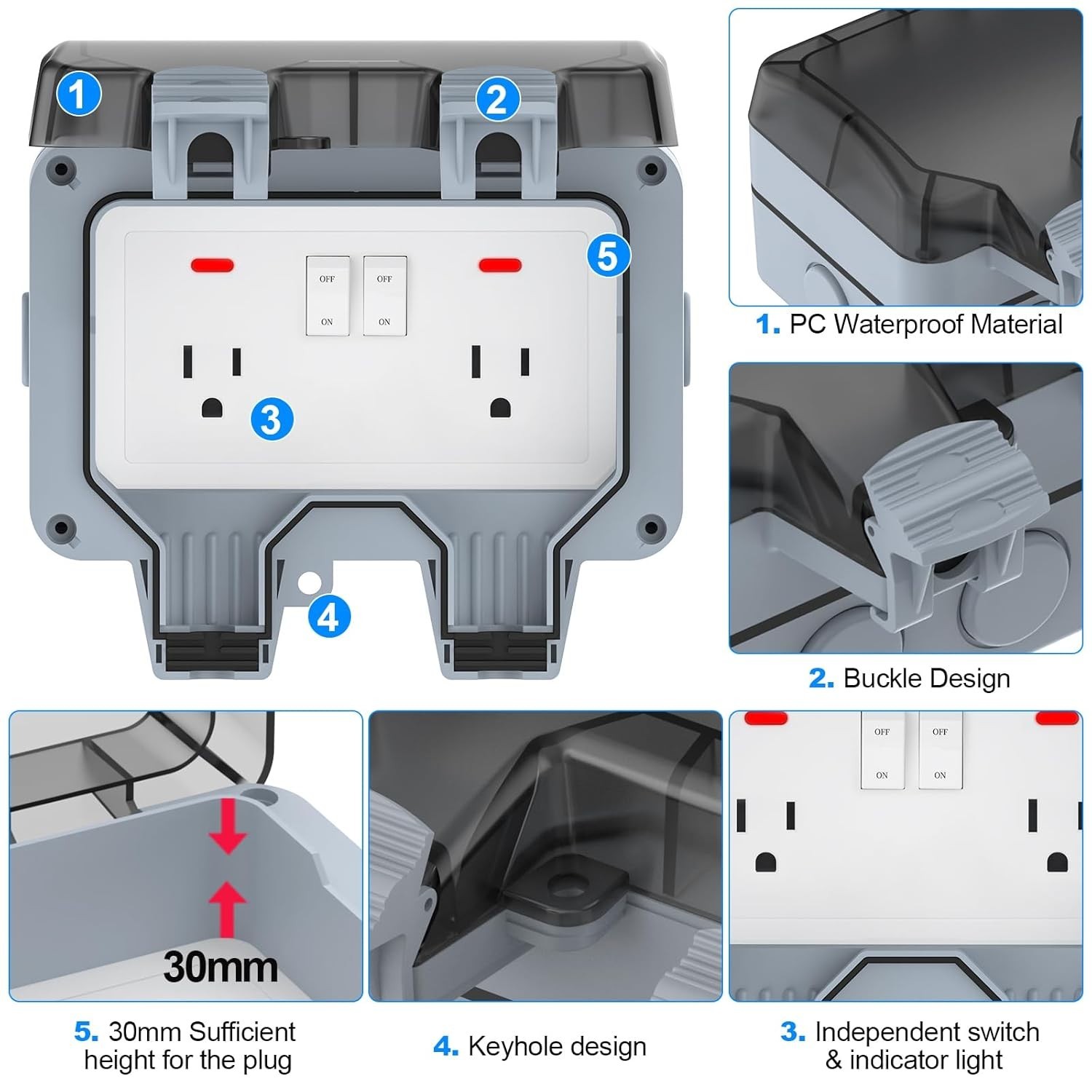 Double Outdoor Outlet with Box Waterproof IP66 Outdoor Electrical Receptacle, Ou