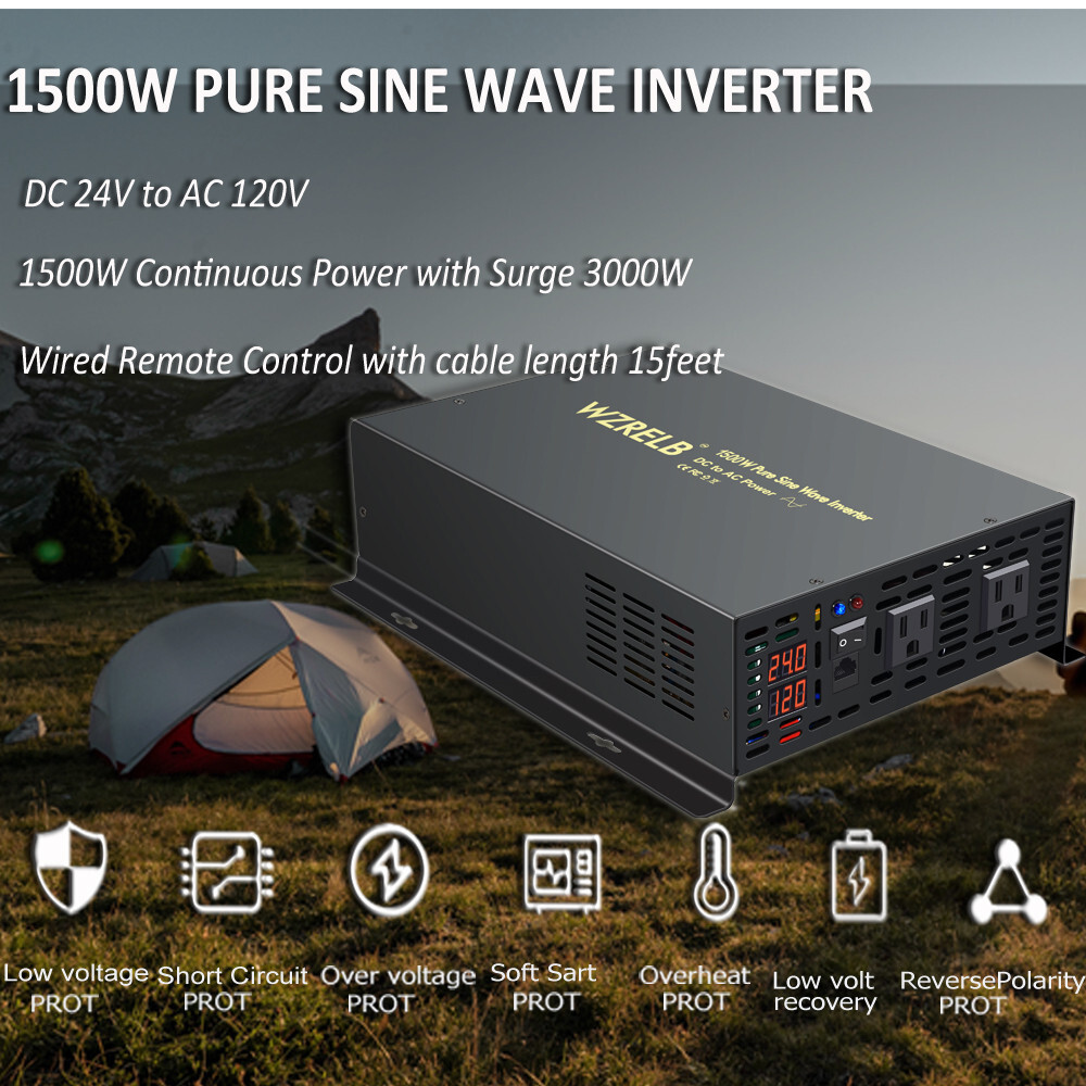 24V to 120V Pure Sine Wave Inverter 1500W Home Solar System Car RV Remote Switch