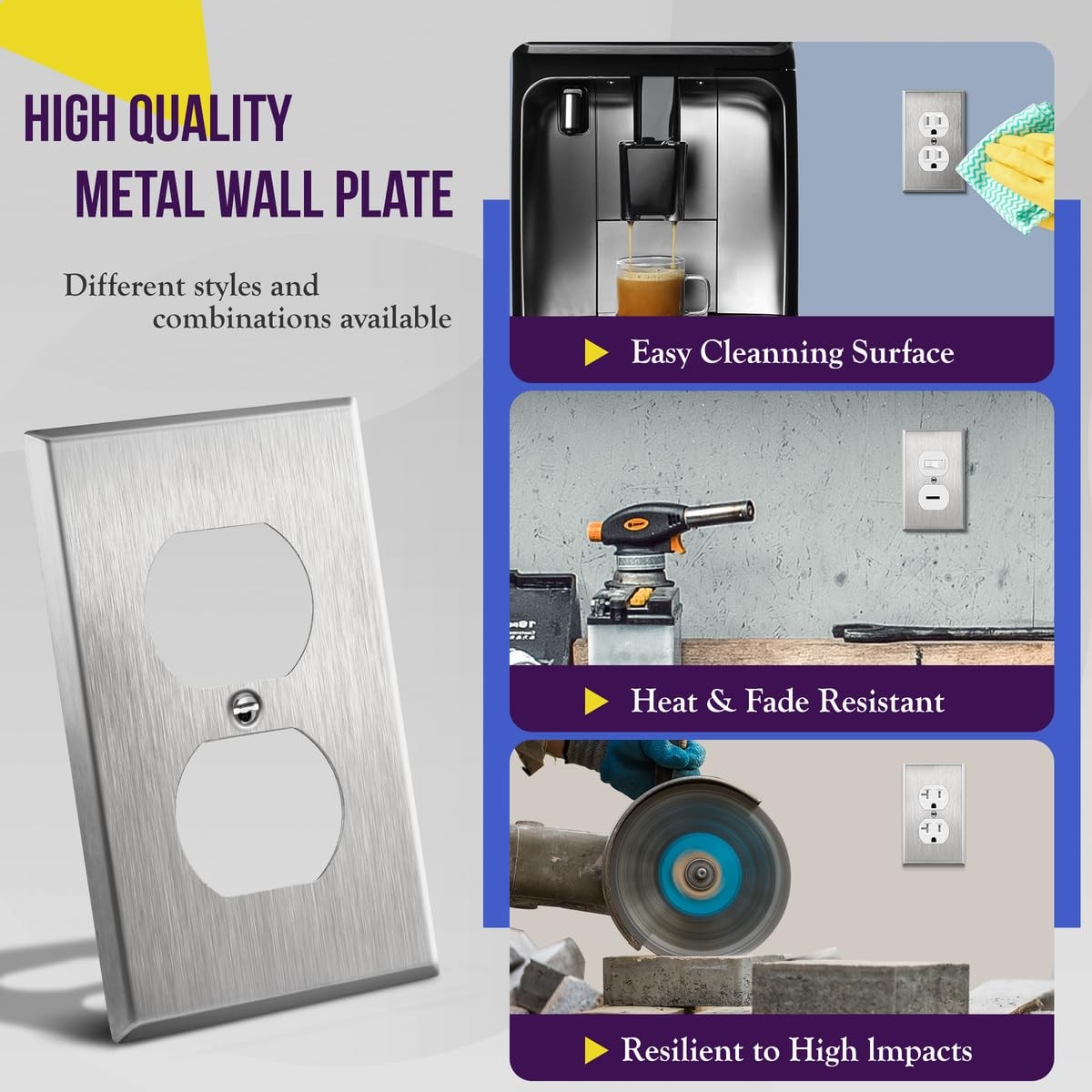 Corrosion Resistant Metal Outlet Cover, Duplex Wall Plate, 1 Gang, Silver