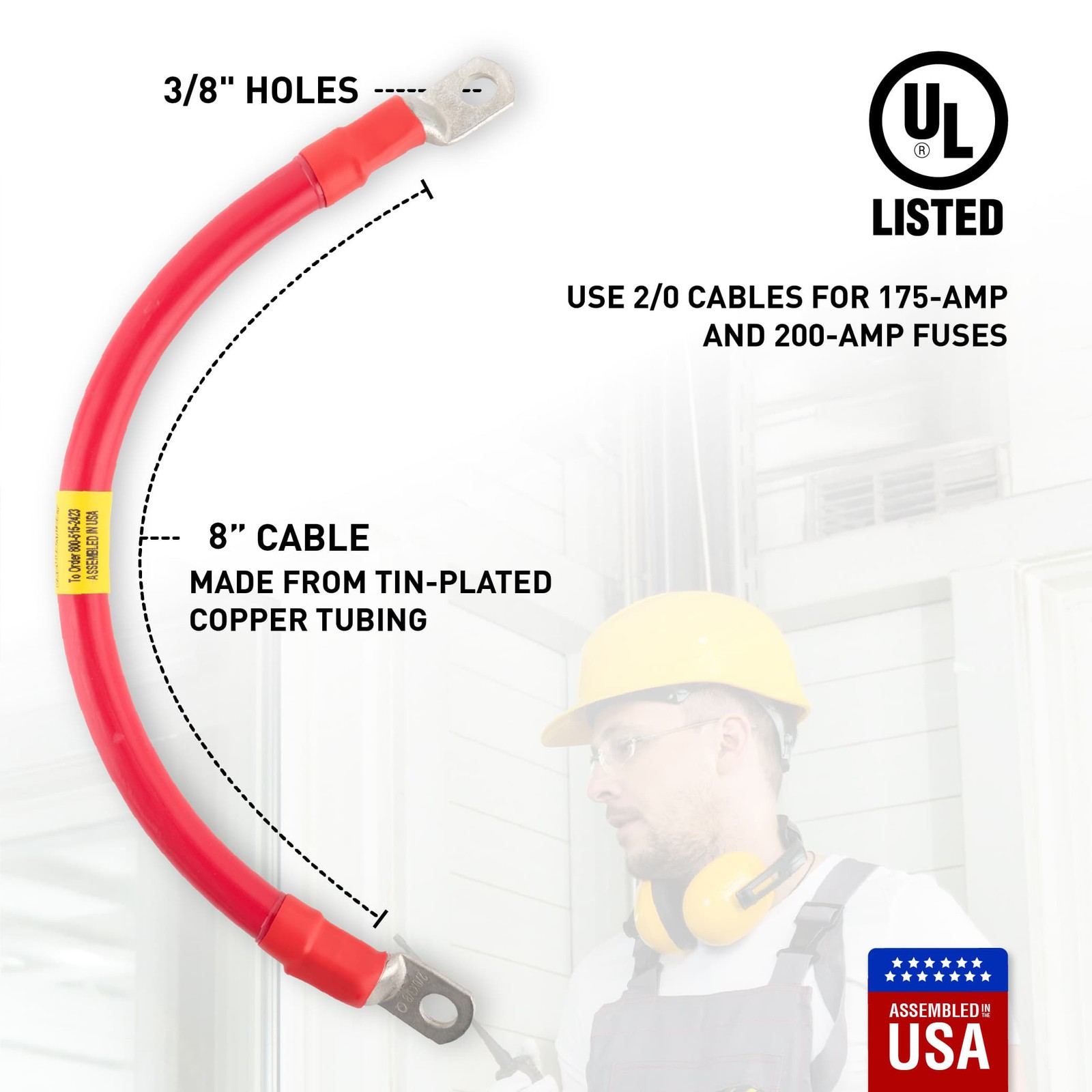 2/0 Red Battery Interconnect Cable 8″ with 3/8″ Lugs ASSEMBLED IN USA