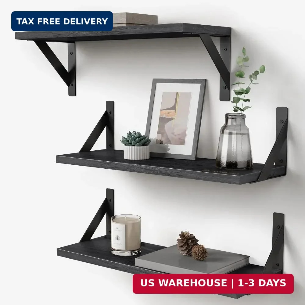 Black Floating Shelves Bathroom Set of 3, Wooden Wall Book Shelves, Rustic Shelf