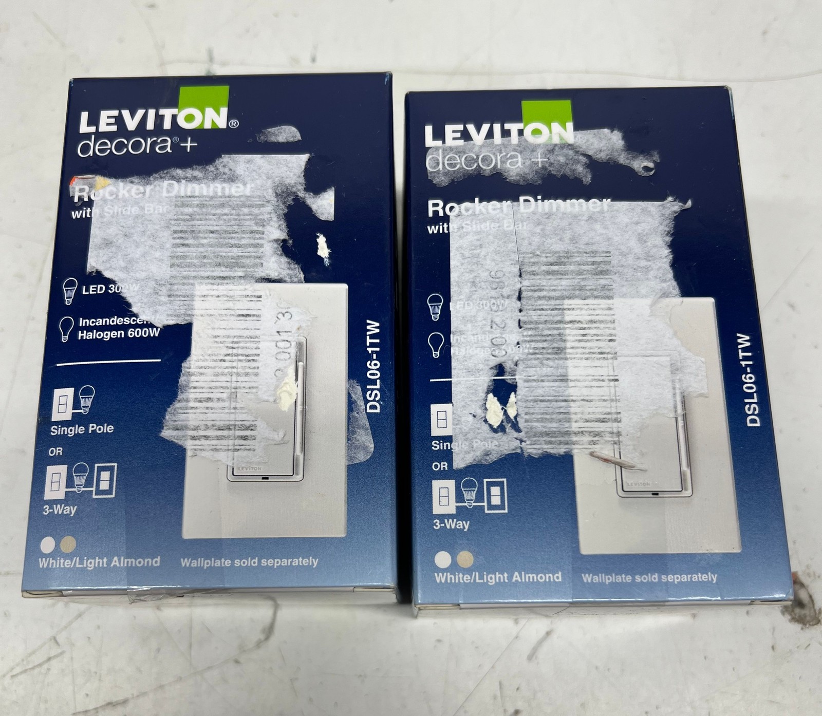 2pk Leviton Decora 600W Single-Pole/3-Way Rocker Slide Dimmer,White