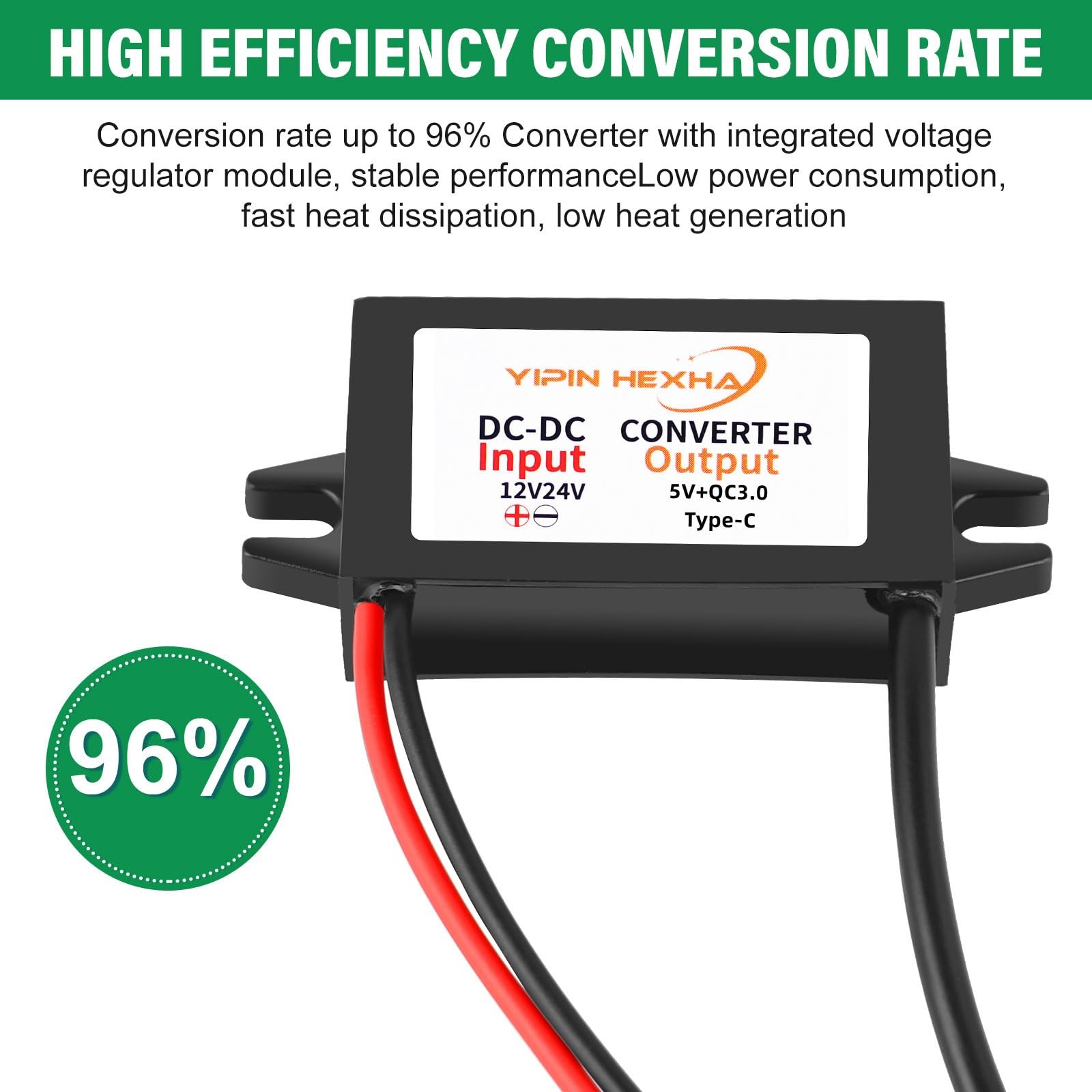 Quick Charge QC3.0 USB C Converter DC 12V/24V to 5V 3A 3A-Type-C, Black