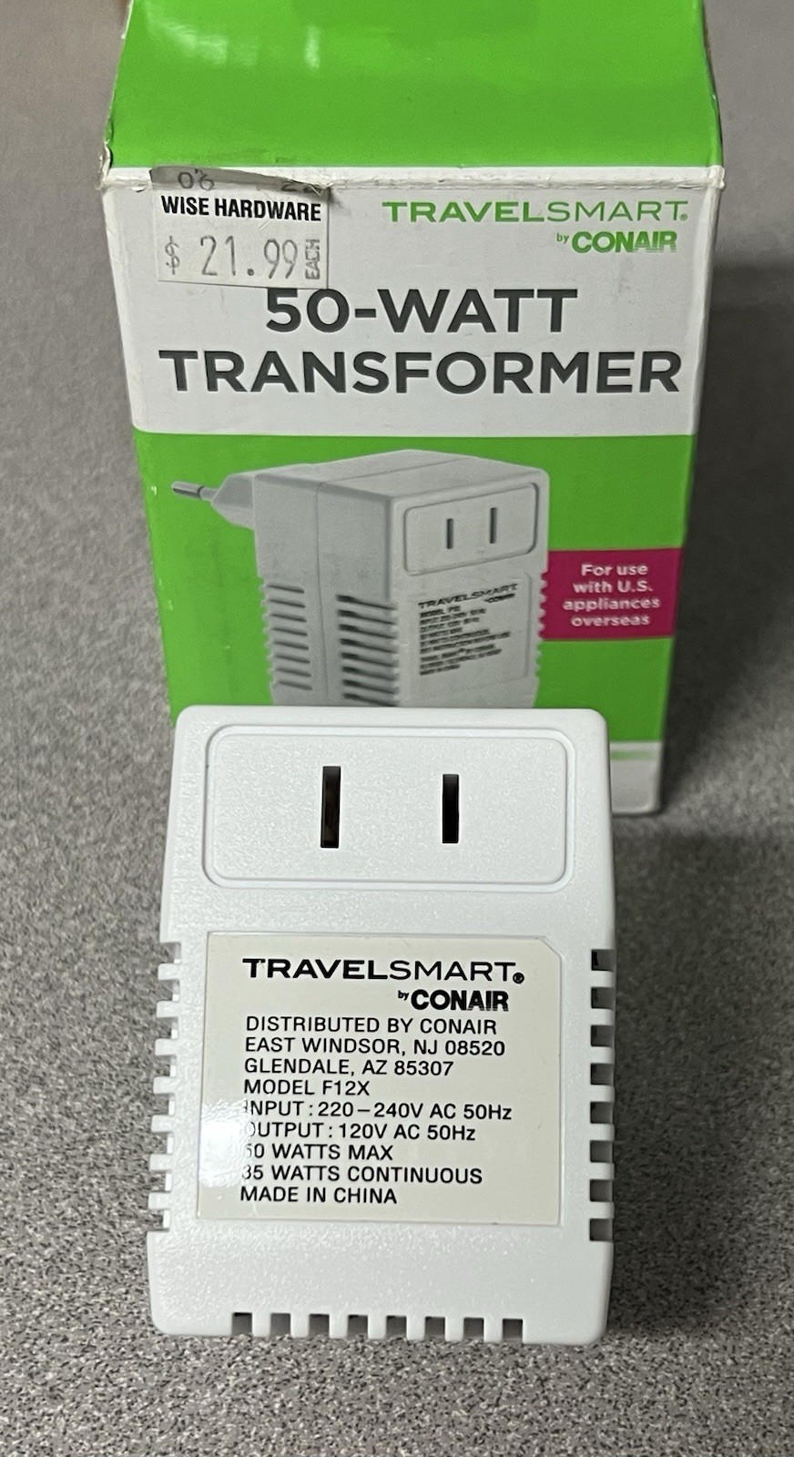 Conair Travel Smart 50W Transformer Voltage Converter White 220V F12X NOS