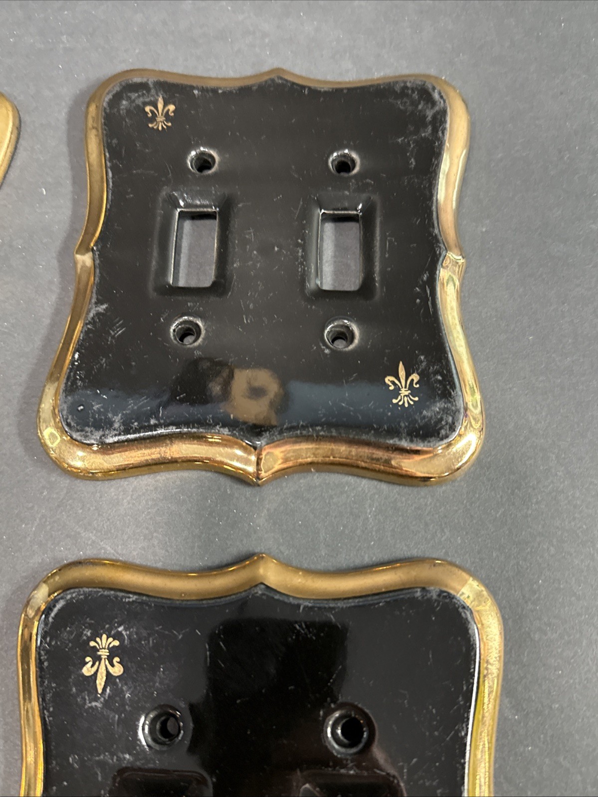 Vintage Reclaimed Porcelain Enamel Double Light Switch Covers Black & Gold X4