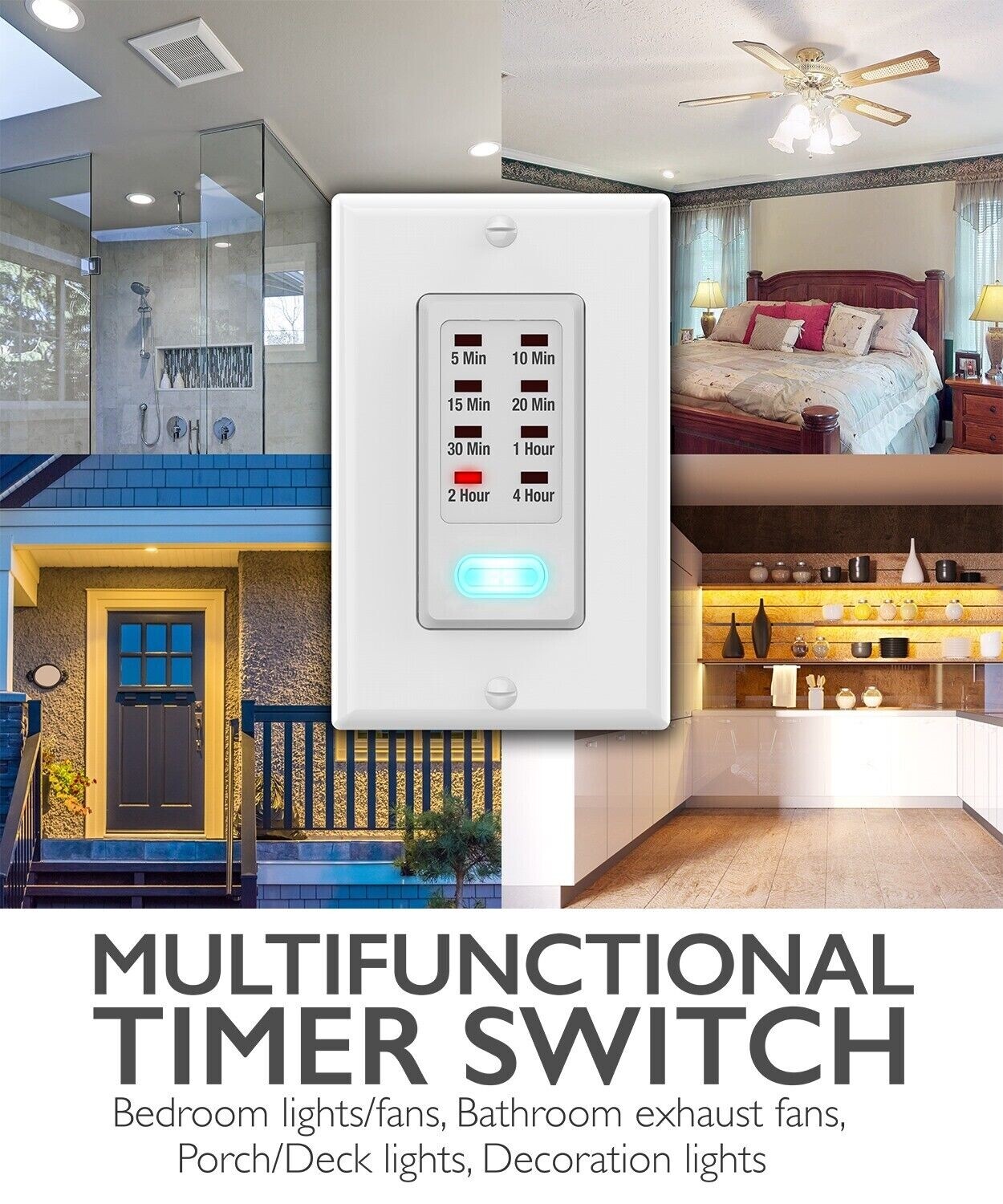 2x In Wall Switch Gang Countdown Programmable Timer Auto Bathroom Fan LED Light