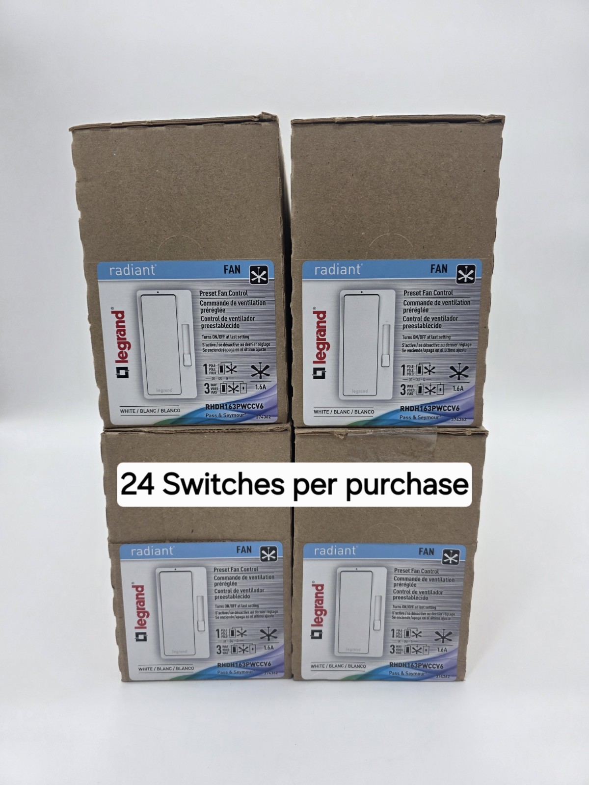Qty 24 LEGRAND RADIANT RHDH163PWCCV6 Preset Fan Control Switch 120 VAC White