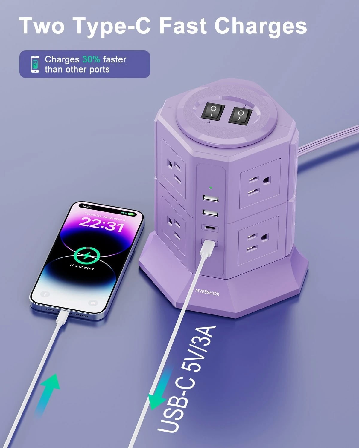 12 in 1 Tower Power Strip 8 Outlets 4 USB 1080J 6.5ft